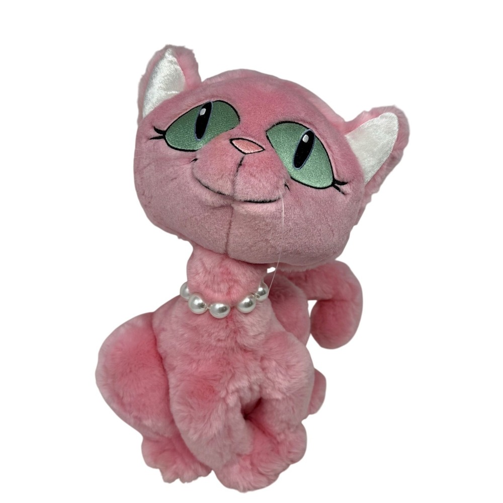 Vintage Little Brownies Original Pink Cat Plush Pearl Necklace Green Eyes Kitty